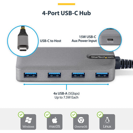 StarTech Hub USB-C a 4 Puertos USB-A 3.2 Gen 1 15W Protección Contra Sobrecarga
