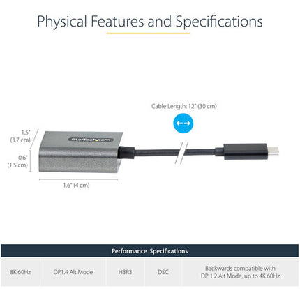 StarTech Adaptador USB-C Thunderbolt 3 a DisplayPort 1.4 12" UHD 8K 60Hz