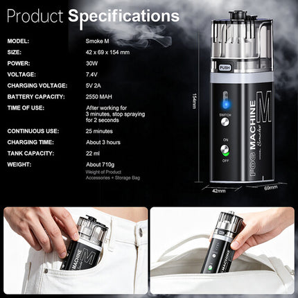 LENSGO Smoke M Máquina de Humo Portátil 22mL Tanque 25 Min Salida