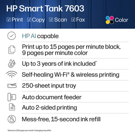 HP Smart Tank 7603 Impresora multifunción inyección color 4800x1200dpi 15ppm y escáner ADF 35 hojas
