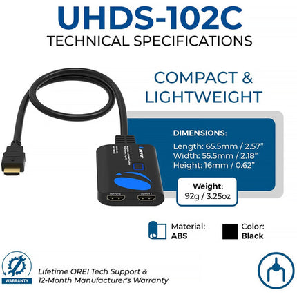 OREI UHDS-102C Divisor HDMI 1x2 4K 60Hz con Pigtail y Downscaler 1080p