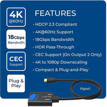 OREI UHDS-102C Divisor HDMI 1x2 4K 60Hz con Pigtail y Downscaler 1080p