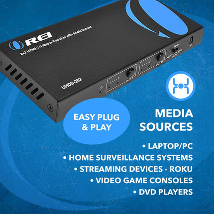 OREI UHDS-202 conmutador HDMI 2x2 UHD 4K60 con extracción de audio óptico y analógico