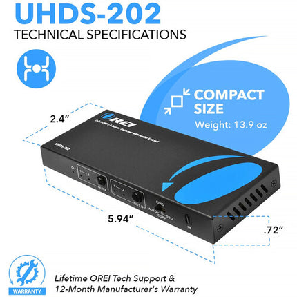 OREI UHDS-202 conmutador HDMI 2x2 UHD 4K60 con extracción de audio óptico y analógico