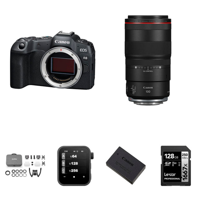 Canon EOS R8 Cámara sin espejo con lente RF 100mm f2.8 y kit flash dental