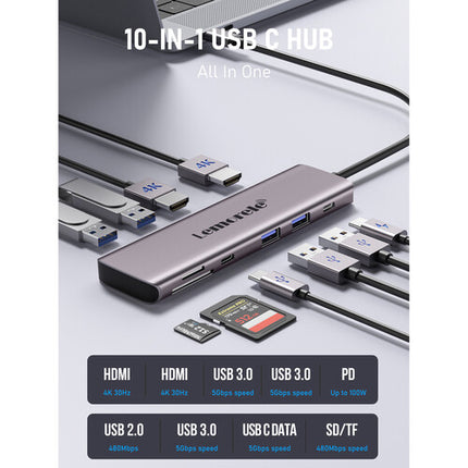 Lemorele TC91 Estación de Acoplamiento 10 en 1 con 100W PD y 2 HDMI 4K30