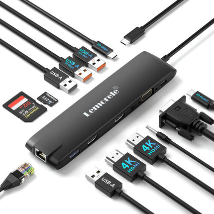 Lemorele TC96 Docking Station 13 en 1 HDMI VGA USB-C 85W PD 10 Gb/s