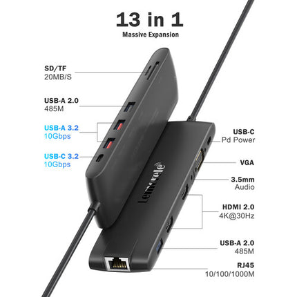 Lemorele TC96 Docking Station 13 en 1 HDMI VGA USB-C 85W PD 10 Gb/s
