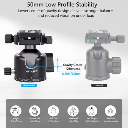 ARTCISE EB50BF Cabeza de Bola Perfil Bajo 50mm Nivel Burbuja 360°