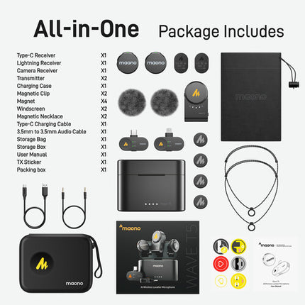 maono WM650 PA3 Kit Micrófono Lavalier Inalámbrico USB-C 1000' Alcance 40h Batería