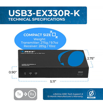 OREI USB 3.2 HDBaseT Extensor USB sobre Cat 6 hasta 330 pies con Hub 4 Puertos