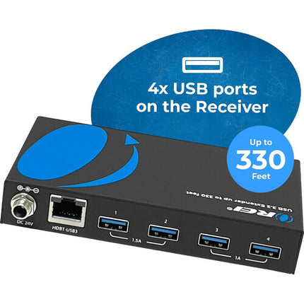 OREI USB 3.2 HDBaseT Extensor USB sobre Cat 6 hasta 330 pies con Hub 4 Puertos