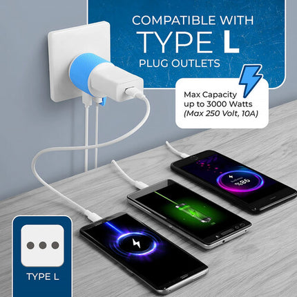 OREI U2U-12A Adaptador de Enchufe Tipo B a Tipo L con 2 Puertos USB 3.0A 3000W
