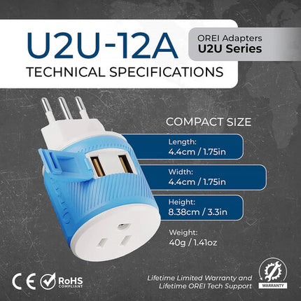 OREI U2U-12A Adaptador de Enchufe Tipo B a Tipo L con 2 Puertos USB 3.0A 3000W