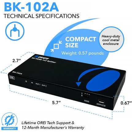 OREI 1x2 HDMI Splitter y Downscaler 8K con Extracción de Audio 18 Gb/s