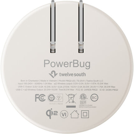 Twelve South PowerBug Cargador de Pared 35W Qi2 15W USB-C 25W Dune White