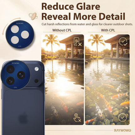 Raywowo Filtro Polarizador Circular CPL para iPhone 17 Pro Max Azul Oscuro con Paño de Limpieza