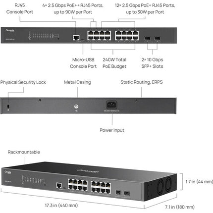 TP-Link Omada SG3218XP-M2 V2 Switch de Red Gestionado 16 Puertos 2.5G PoE+ 240W Rack Mount