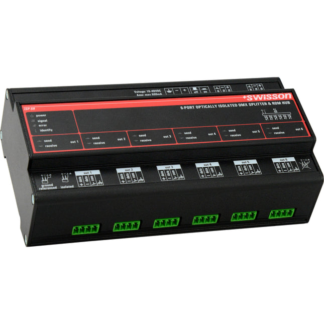 SWISSON ISP DIN Rail divisor y amplificador DMX RDM con 6 salidas y aislamiento óptico