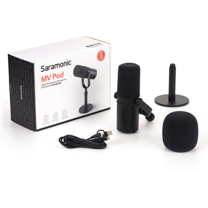 Saramonic MV Pod Micrófono Dinámico Cardioide USB XLR 1.14 Pulgadas 24-Bit 48 kHz con Soporte de Escritorio y Filtros Pop