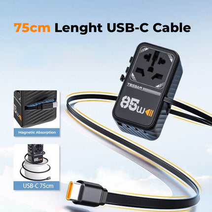 Tessan Adaptador de Viaje Universal 6 en 1 con Cable USB-C Retráctil 29.5" y 2500W