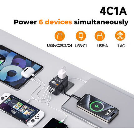 Tessan Adaptador de Viaje Universal 6 en 1 con Cable USB-C Retráctil 29.5" y 2500W