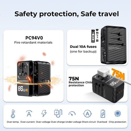 Tessan Adaptador de Viaje Universal 6 en 1 con Cable USB-C Retráctil 29.5" y 2500W