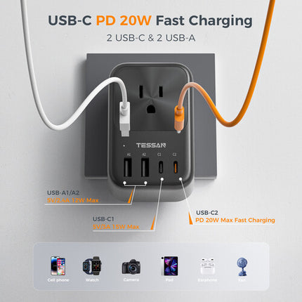 Tessan Adaptador de Viaje US a Europa con Puertos USB-C 20W y USB-A 12W
