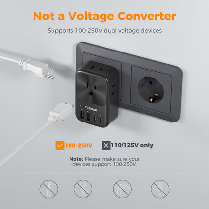 Tessan Adaptador de Viaje US a Europa con Puertos USB-C 20W y USB-A 12W