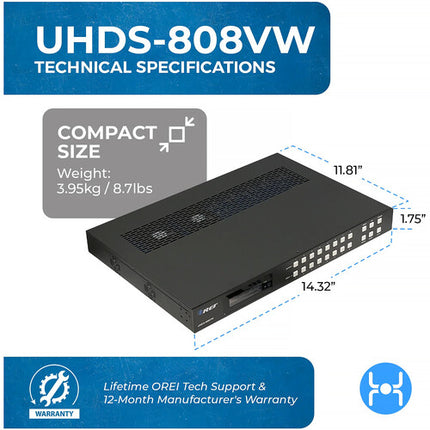 OREI UHDS-808VW Matriz HDMI 8x8 UHD 4K60 con Modos Video Wall y Control IR