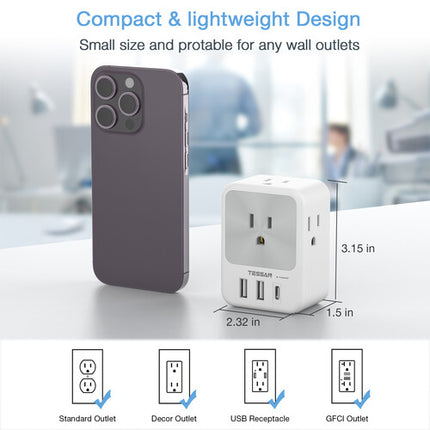 Tessan 7-en-1 Protector de Sobretensión 4 AC 3 USB Compacto