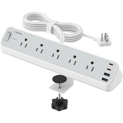 Tessan Regleta con Abrazadera 5 Enchufes 4 Puertos USB 10 Pies Gris