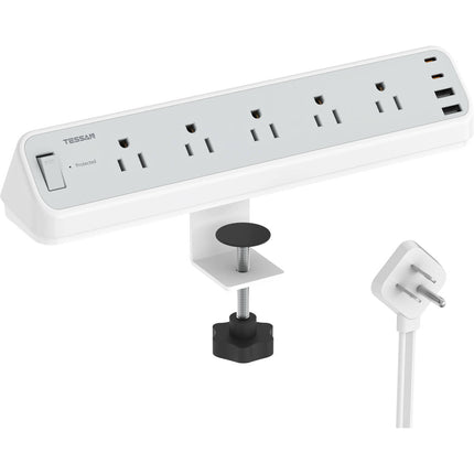 Tessan Regleta con Abrazadera 5 Enchufes 4 Puertos USB 10 Pies Gris
