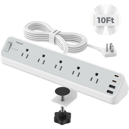 Tessan Regleta con Abrazadera 5 Enchufes 4 Puertos USB 10 Pies Gris