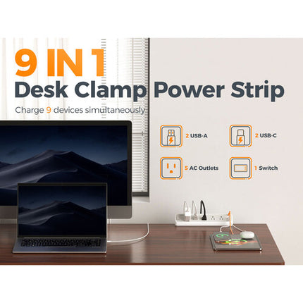 Tessan Regleta con Abrazadera 5 Enchufes 4 Puertos USB 10 Pies Gris