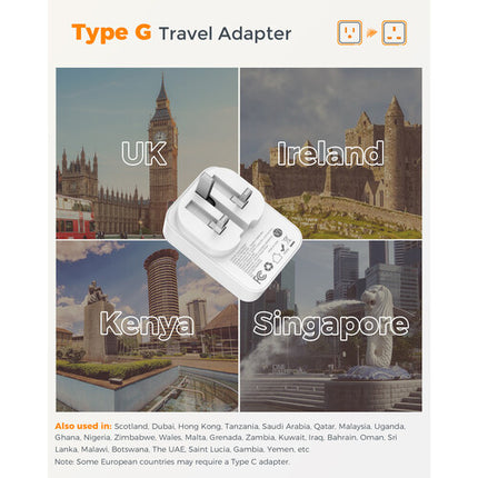 Tessan Adaptador de Viaje 4 en 1 US a UK con USB 2500W y Puertos USB-C 20W
