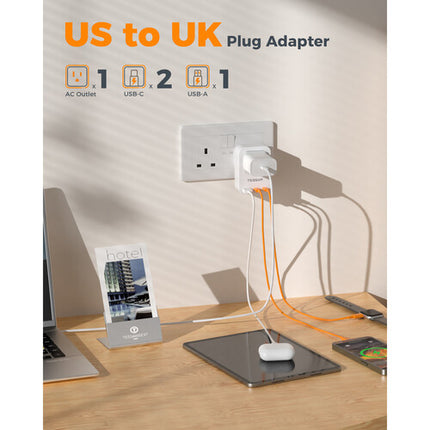 Tessan Adaptador de Viaje 4 en 1 US a UK con USB 2500W y Puertos USB-C 20W