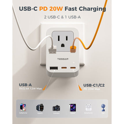 Tessan Adaptador de Viaje 4 en 1 US a UK con USB 2500W y Puertos USB-C 20W