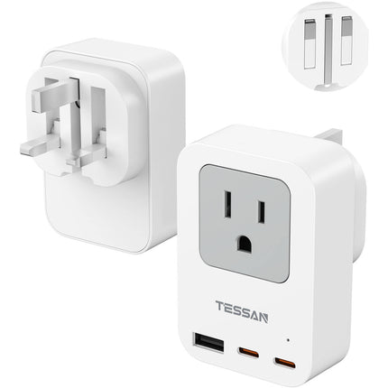 Tessan Adaptador de Viaje 4 en 1 US a UK con USB 2500W y Puertos USB-C 20W