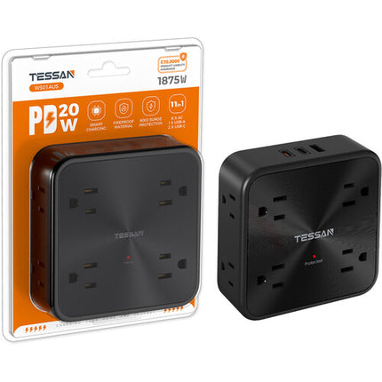 Tessan 11 en 1 Extensor de Pared con 8 Tomacorrientes y 3 USB