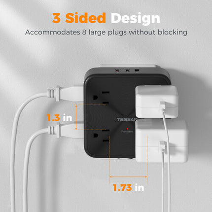Tessan 11 en 1 Extensor de Pared con 8 Tomacorrientes y 3 USB