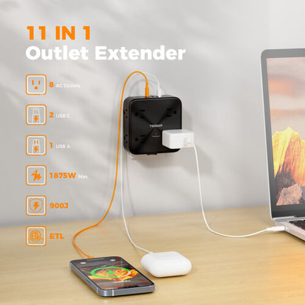 Tessan 11 en 1 Extensor de Pared con 8 Tomacorrientes y 3 USB