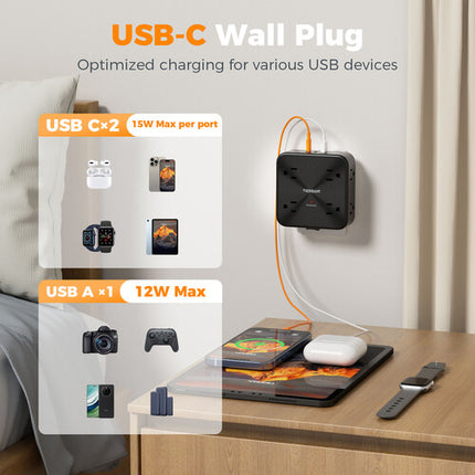 Tessan 11 en 1 Extensor de Pared con 8 Tomacorrientes y 3 USB