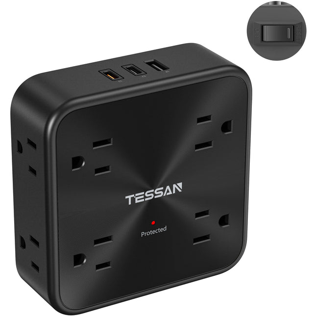 Tessan 11 en 1 Extensor de Pared con 8 Tomacorrientes y 3 USB