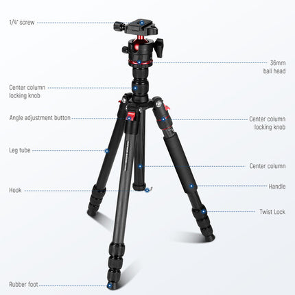 Neewer BASICS TP17B Trípode de Viaje Carbono 64" Carga 13.2 lb con Cabezal Bola