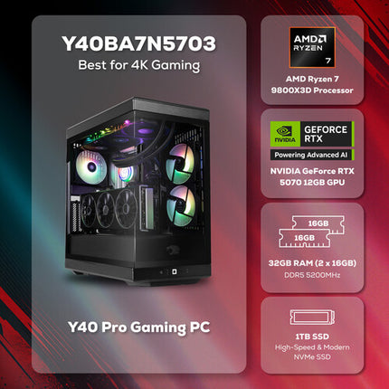 iBUYPOWER Y40 PRO PC Gaming Negro Ryzen 7 4.7 GHz 32GB RAM 1TB SSD RTX 5070