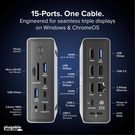 Plugable Docking Station USB-C 15 en 1 Triple Display 100W 2.5GbE
