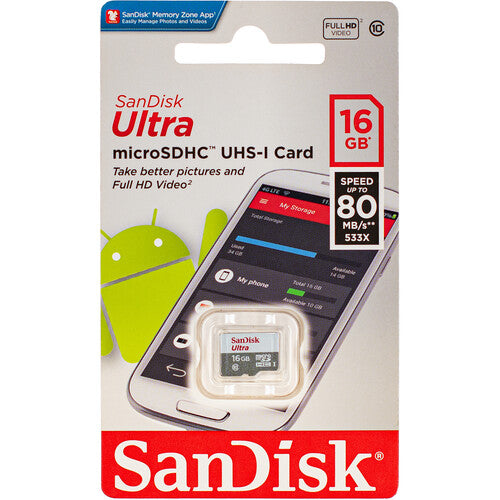 SANDISK 16GB Ultra microSDHC UHS-I 80MBs Clase 10 Tarjeta de Memoria