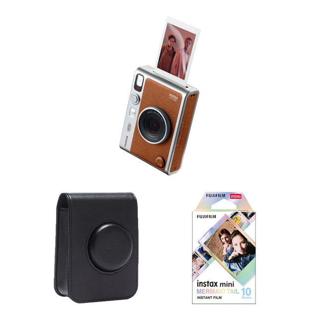 FUJIFILM instax mini EVO Cámara Híbrida Instantánea con Film 10 Exposiciones y Estuche Marrón