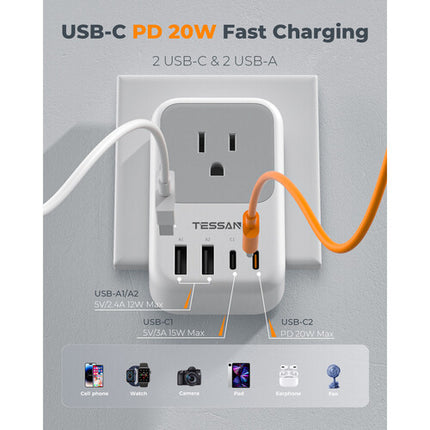 Tessan Adaptador de Viaje US a DE 2-Pack 20W USB-C PD Compacto